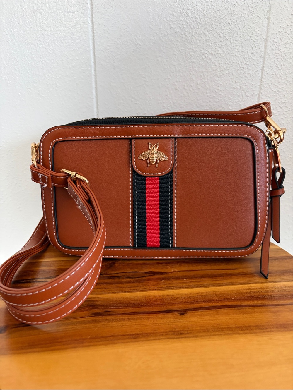 Classic Brown Crossbody Bag with Red & Black Stripe